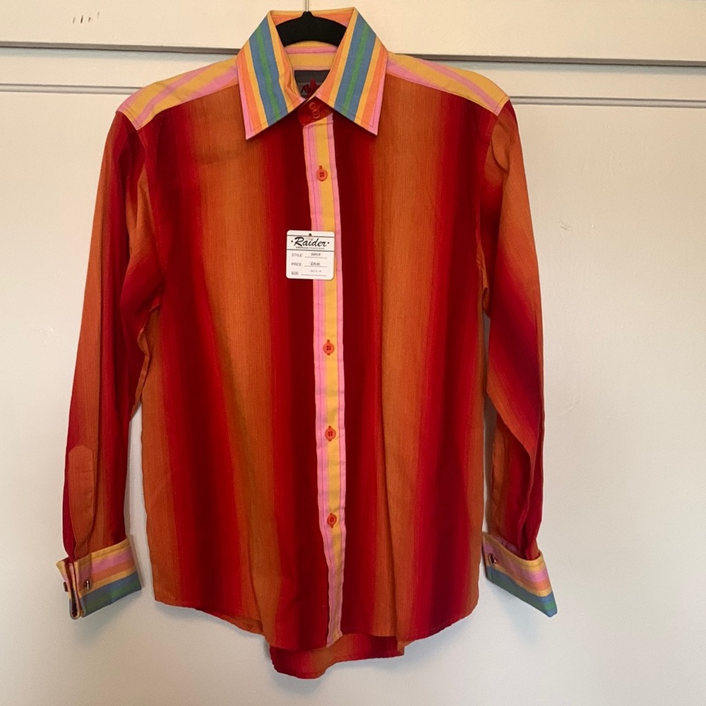 Vintage dead stock Rainbow stripes button up, NWT, original cuff links intact